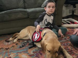young boy pets yellow dog while sitting together on area rug
