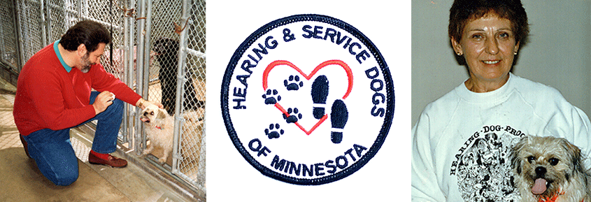 Photo of Al with a dog, Hearing & Service Dogs of Minnesota logo, photo of Marcy Bury with little Annie