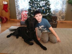 young boy poses with black lab in front of a Christmas tree.
