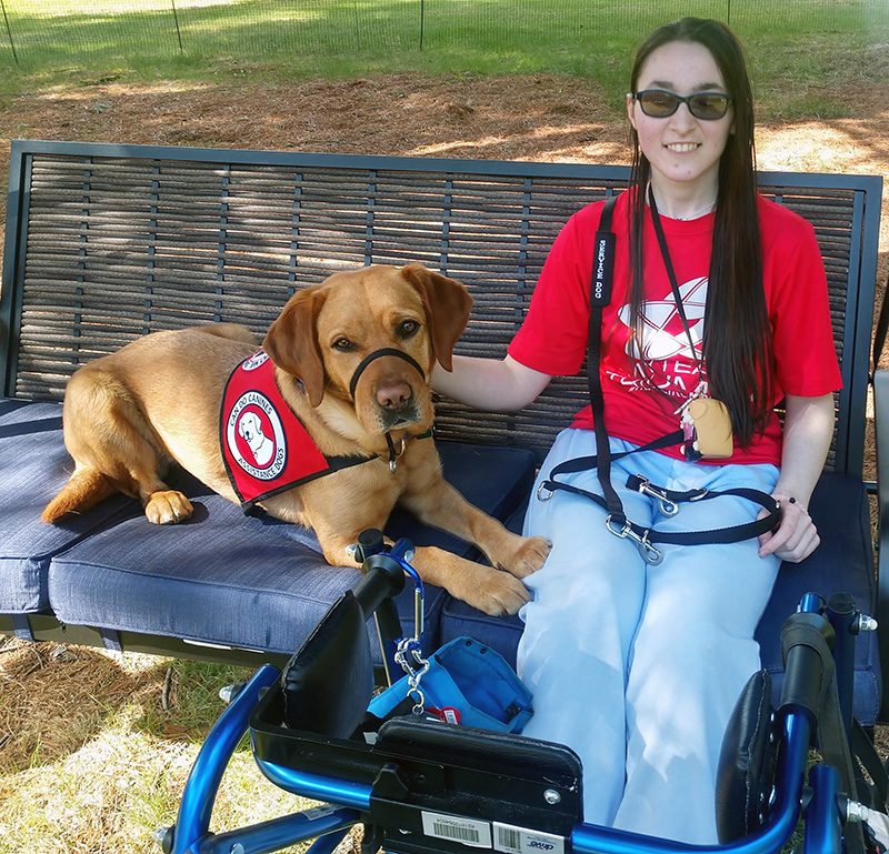 yellow Lab service dog wearing a red Can Do Canines cape and young woman sitting on outdoor swing