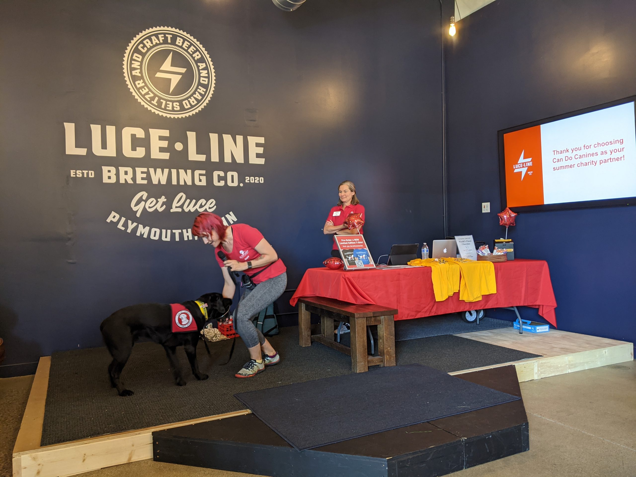 service dog trainer leading a dog in a demonstration