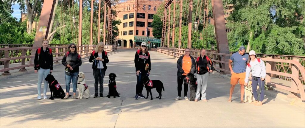 group of volunteers on bridge with dogs