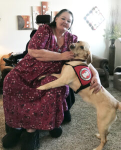 woman in wheelchair with large service dog putting front paws on her leg