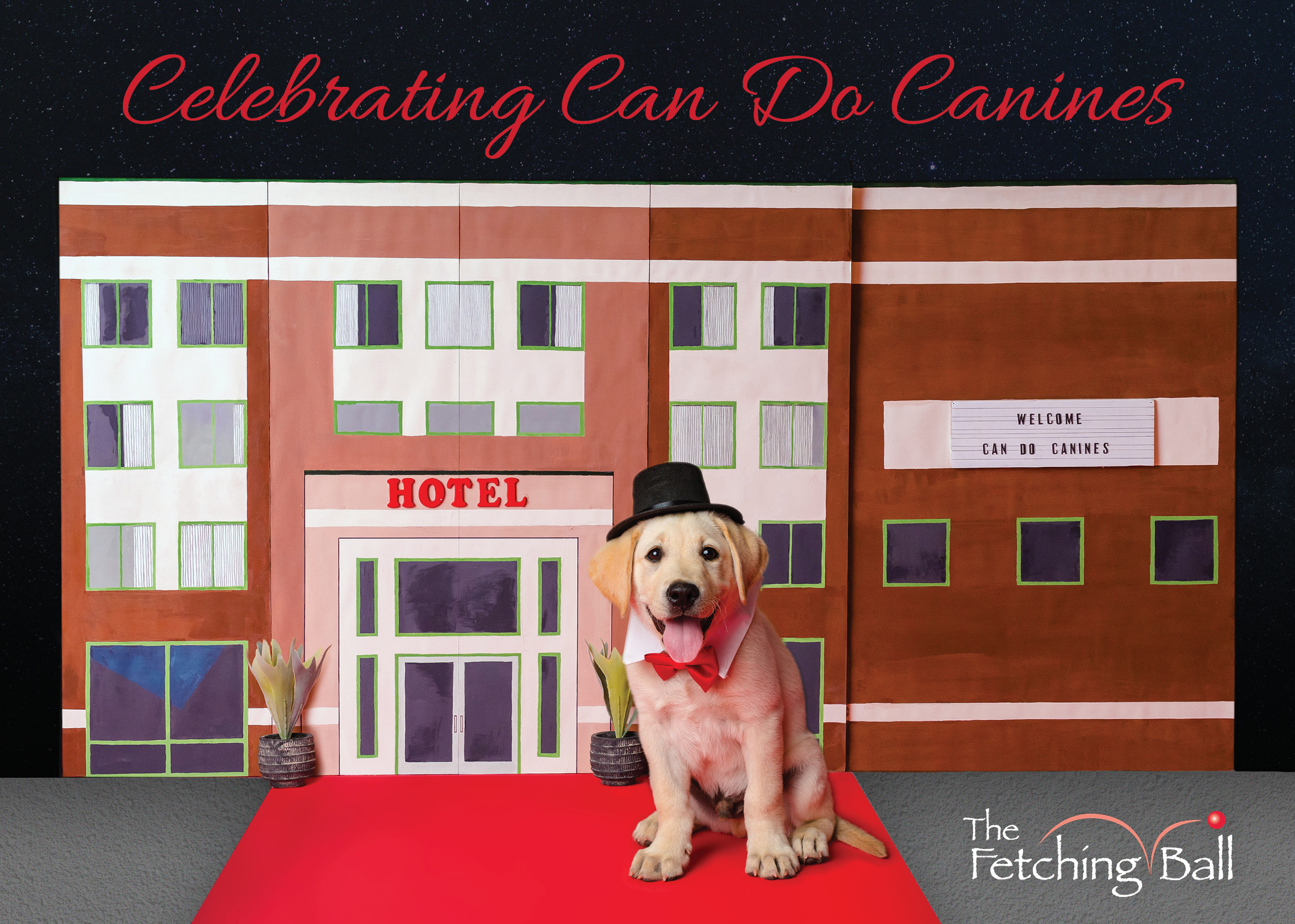 Yellow Lab puppy wearing bow tie and top hat, sitting on red carpet in front of small hotel, with text saying "Celebrating Can Do Canines" and a logo for "The Fetching Ball"