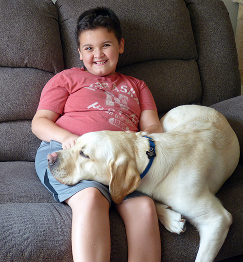 boy sitting on couch with yellow Lab lying next to him with dog's head on his lap