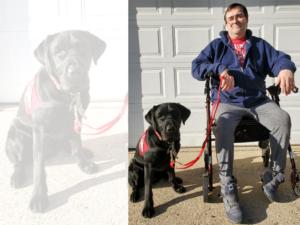 man sitting in wheelchair with black Lab Can Do Canines service dog next to him on driveway