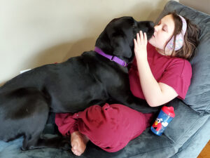girl lying on sofa with black Lab lying on top of her