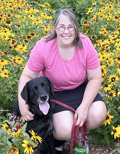woman kneeling down in sunflower field with arm around black Lab dog