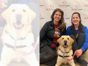 two woman sitting on each side of yellow Lab service dog in front of backdrop for Can Do Canines