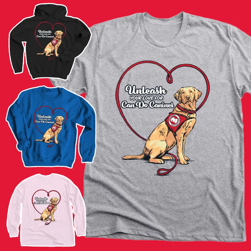 Montage of shirts with a design that reads, "Unleash your love for Can Do Canines"