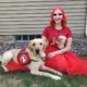 woman wearing red shirt and red tulle skirt sitting on grass with hand on yellow Lab service dog wearing red Can Do Canines cape