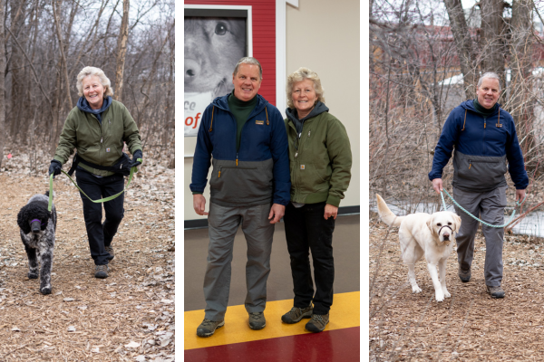 collage of three photos with woman walking gray poodle outside, man walking yellow Lab outside and man and woman inside in winter coats smiling at camera
