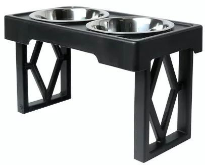 black elevated dog feeding system with metal bowls