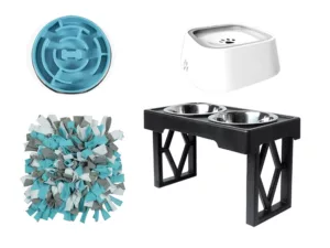 collage of dog slow-feeder bowl, slow-feeding water bowl, snuffle mat, and elevated feeding system