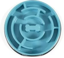 blue dog food bowl with maze partitions and bone shape inside