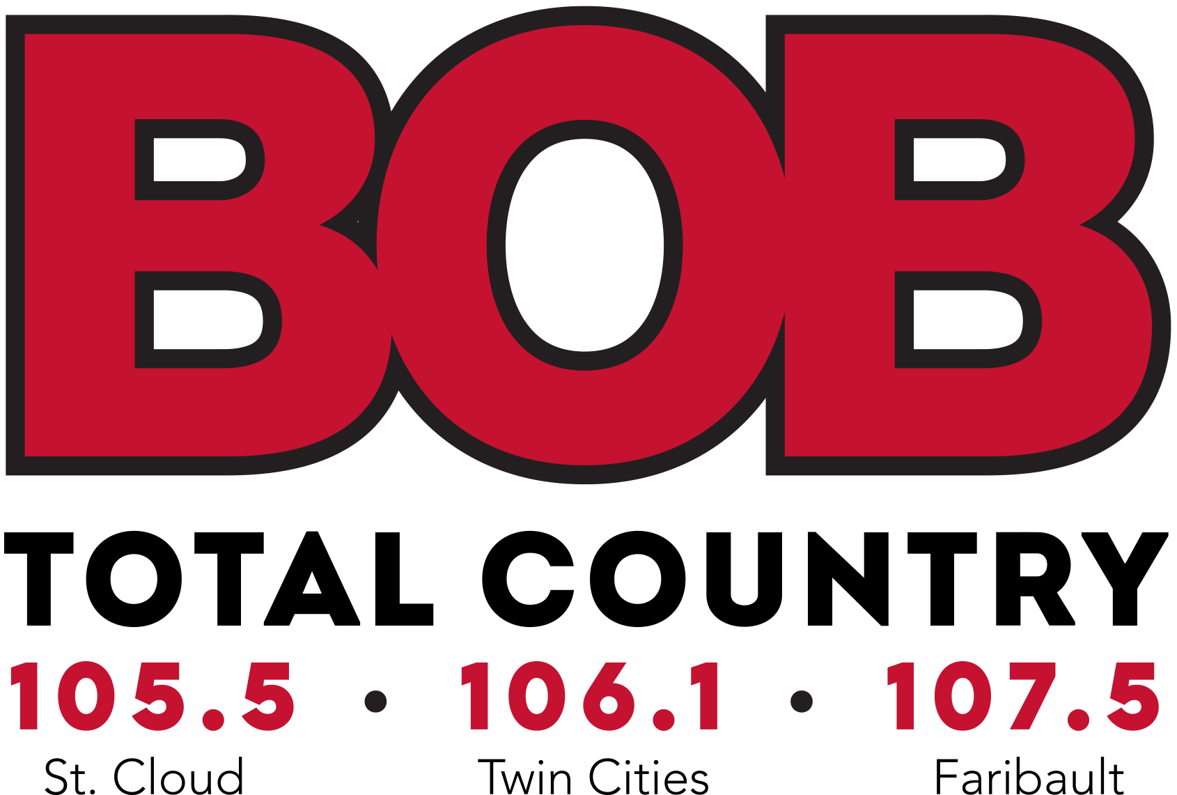Logo for BOB Total Country, 105.5 St. Cloud, 106.1 Twin Cities, 107.5 Faribault