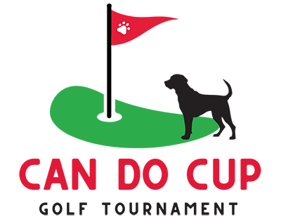 graphic of golf green with red flag with white paw print on it and black Lab icon standing on green, with text: Can Do Cup Golf Tournament