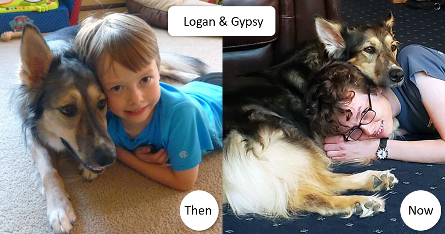 Split image of "Logan and Gypsy" as young boy snuggling with dog "then" and teenage boy snuggling with same dog "now."