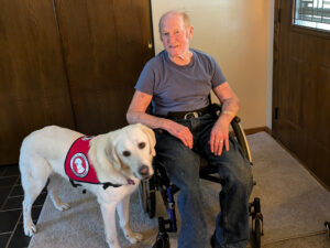 man sitting in chair in home with yellow Lab service dog wearing red cape standing at his side