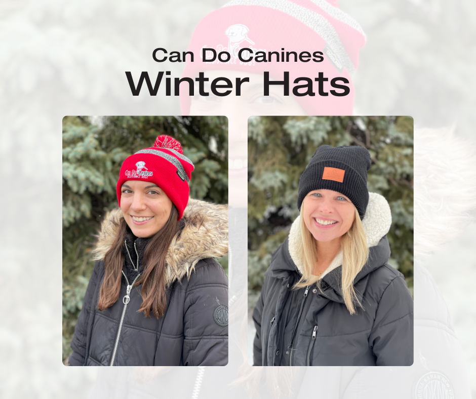 side-by-side photos of different women, each wearing a hat with Can Do Canines logo; one is a red and black hat with a red pom and one is a black beanie hat with a leather logo