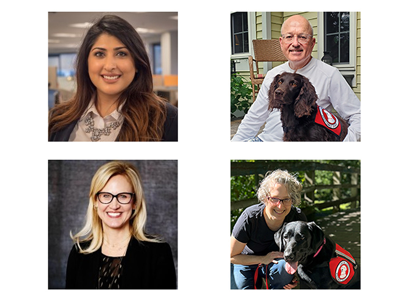 Group of four close-up photos; 3 are women, one with a black Lab service dog, and 1 photo is a man with a Spaniel service dog