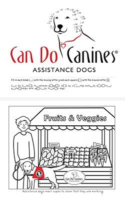 Page of dot-to-dot and fill in the blank and coloring page of a child with a service dog standing in front of a fruit and veggies stand